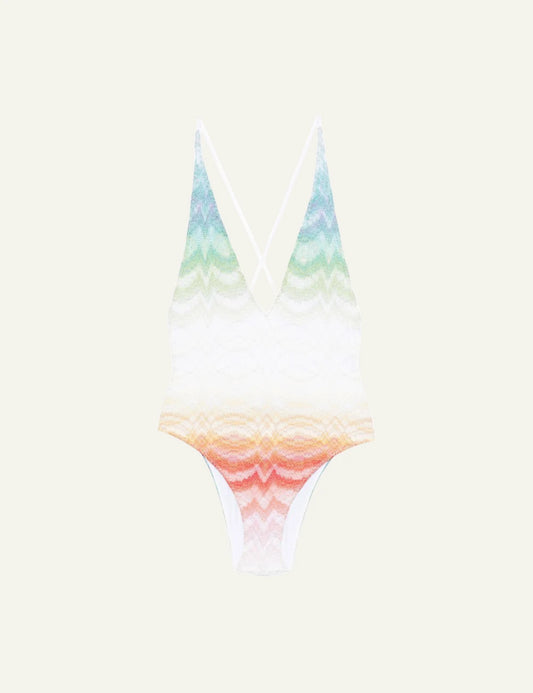 missoni multicolor chevron one piece swimsuit cross back v neck front flat view