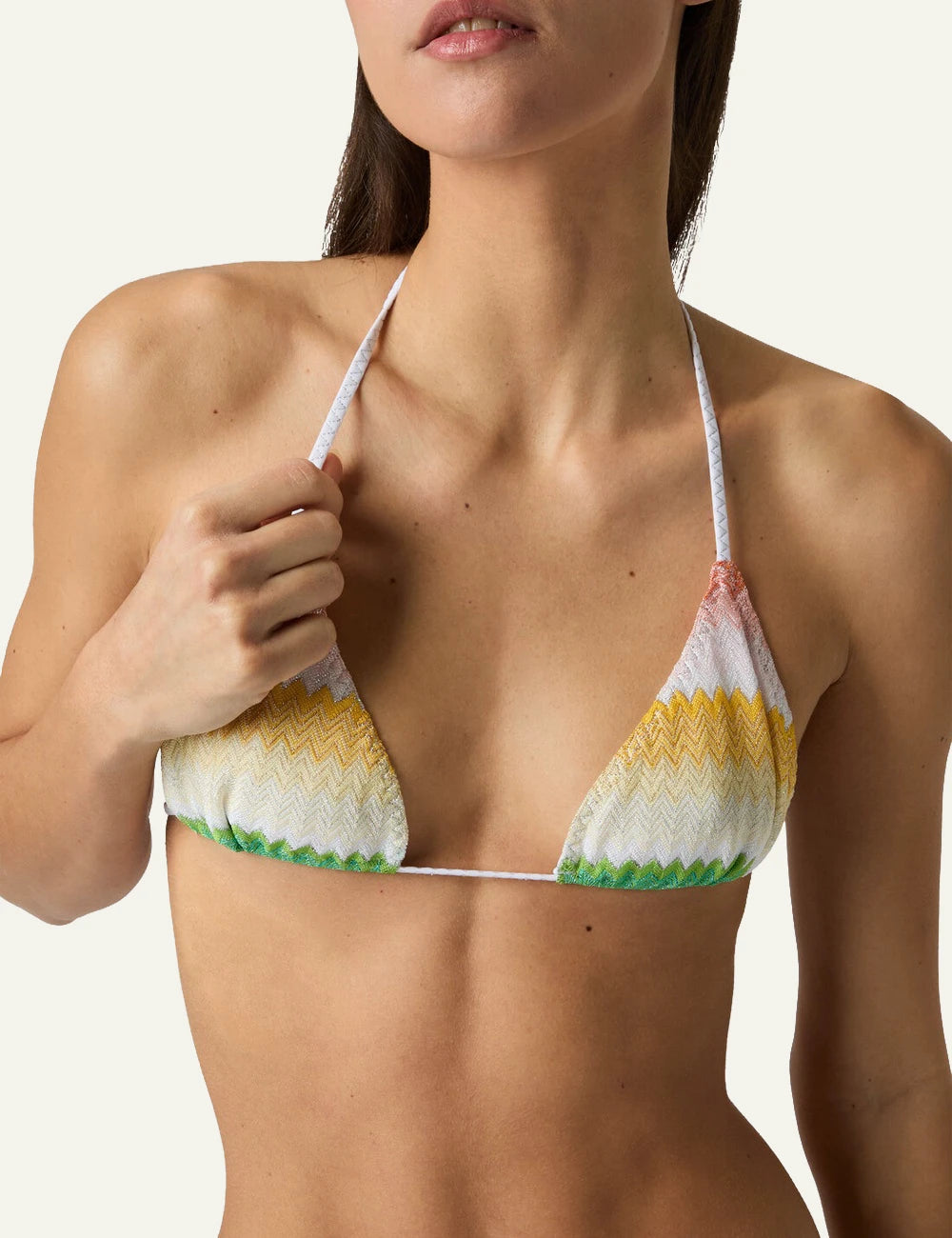 missoni multicolor chevron triangle bikini set tie sides halter neck front detail view
