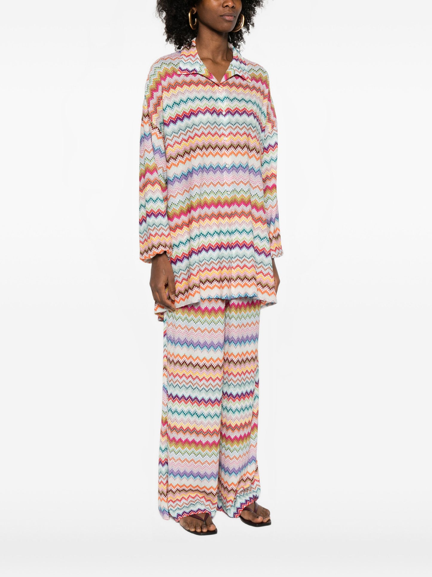Missoni multicolor zigzag knit long shirt worn full front view