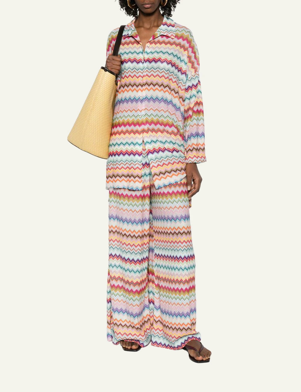 Missoni multicolor zigzag knit long shirt full body front view
