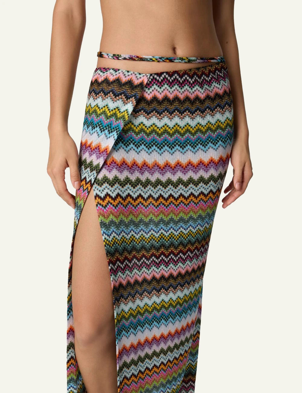 Missoni multicolor zigzag knit wrap maxi skirt detail front view