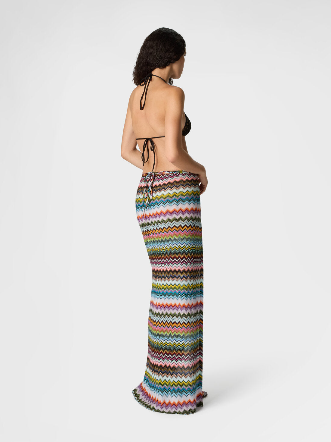 Missoni multicolor zigzag knit wrap maxi skirt worn side back view