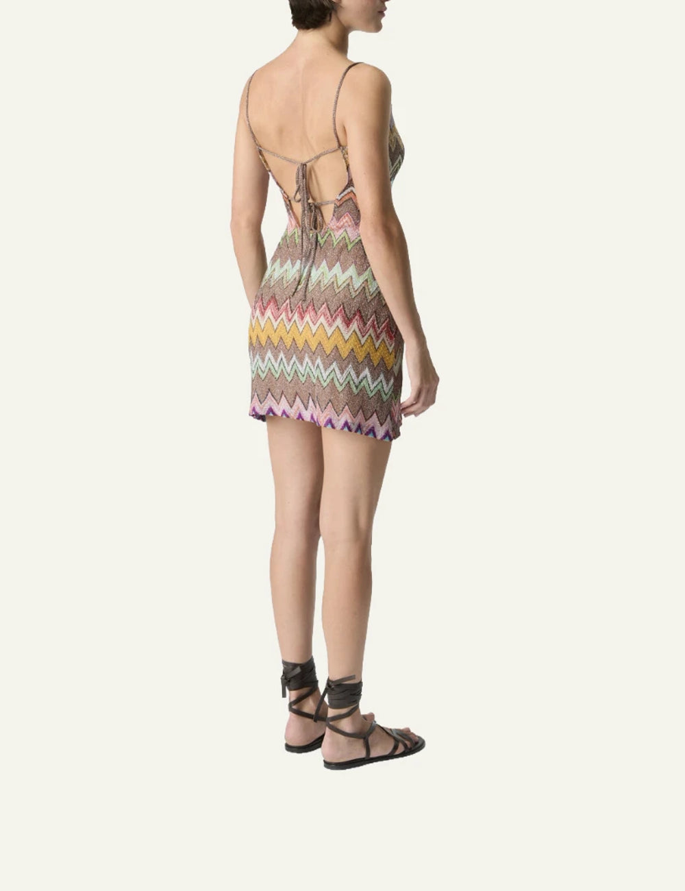 missoni multicolor zigzag mini dress lame knit spaghetti straps back model view