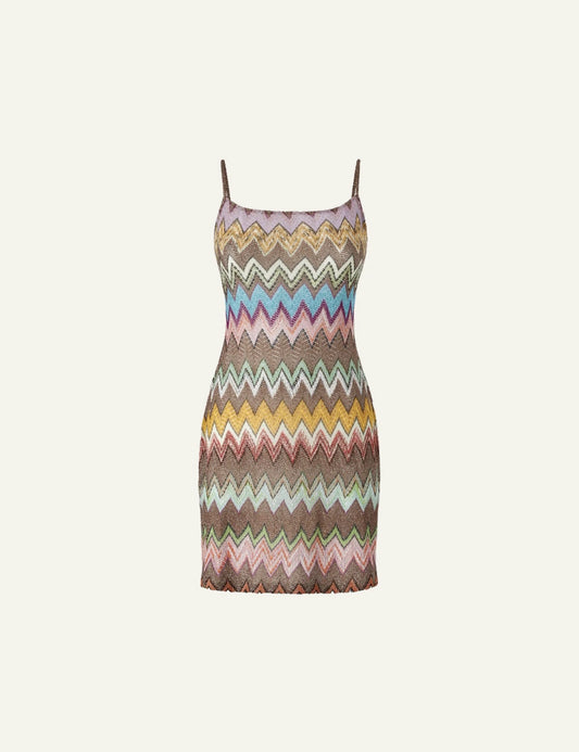 missoni multicolor zigzag mini dress lame knit spaghetti straps front flat view