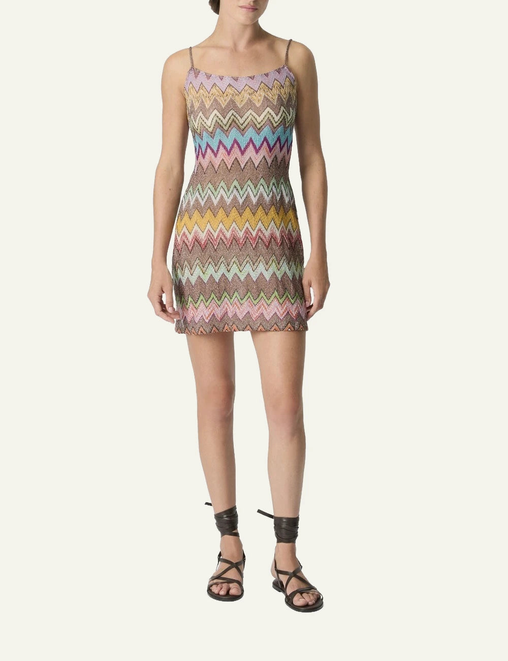 missoni multicolor zigzag mini dress lame knit spaghetti straps front full body view