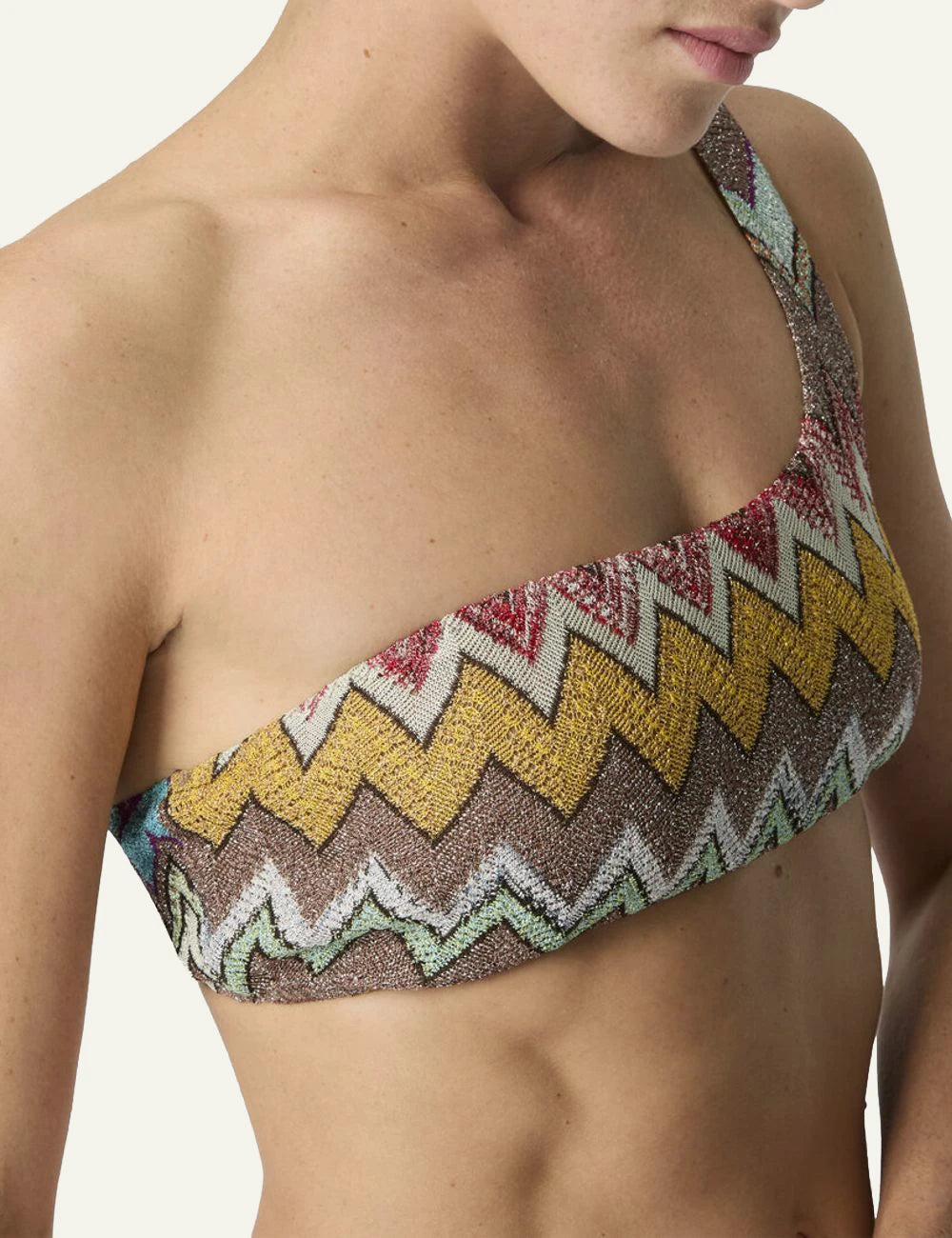 Missoni one shoulder bikini zigzag multicolor lamé knit set front detail view