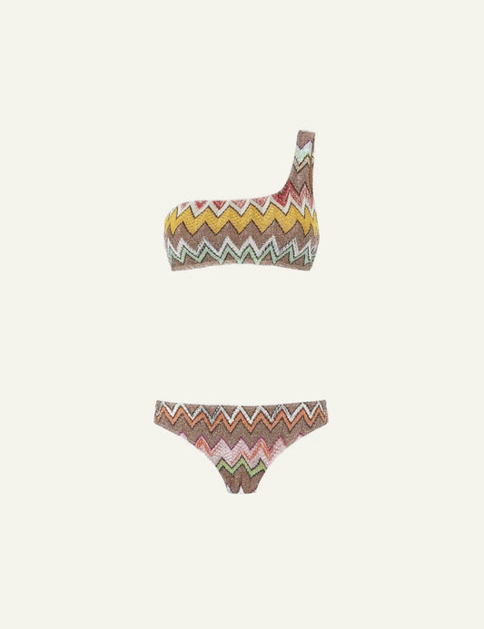 Missoni one shoulder bikini zigzag multicolor lamé knit set front flat view