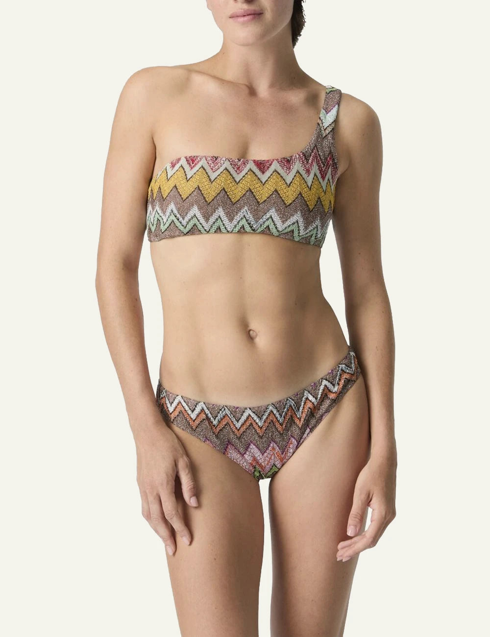 Missoni one shoulder bikini zigzag multicolor lamé knit set front model view