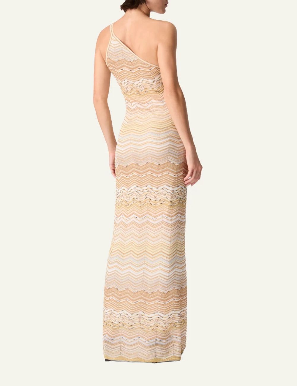 Missoni one shoulder knit maxi dress beige zigzag pattern back model view