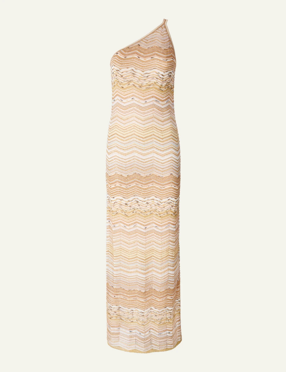 Missoni one shoulder knit maxi dress beige zigzag pattern front flat view