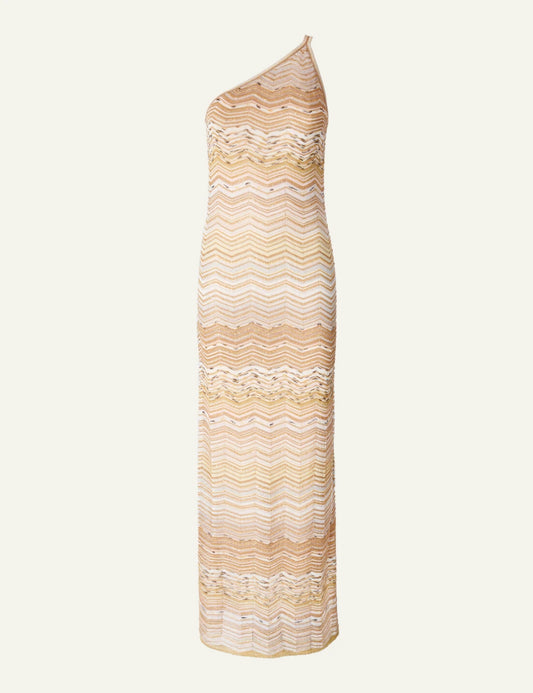 Missoni one shoulder knit maxi dress beige zigzag pattern front flat view