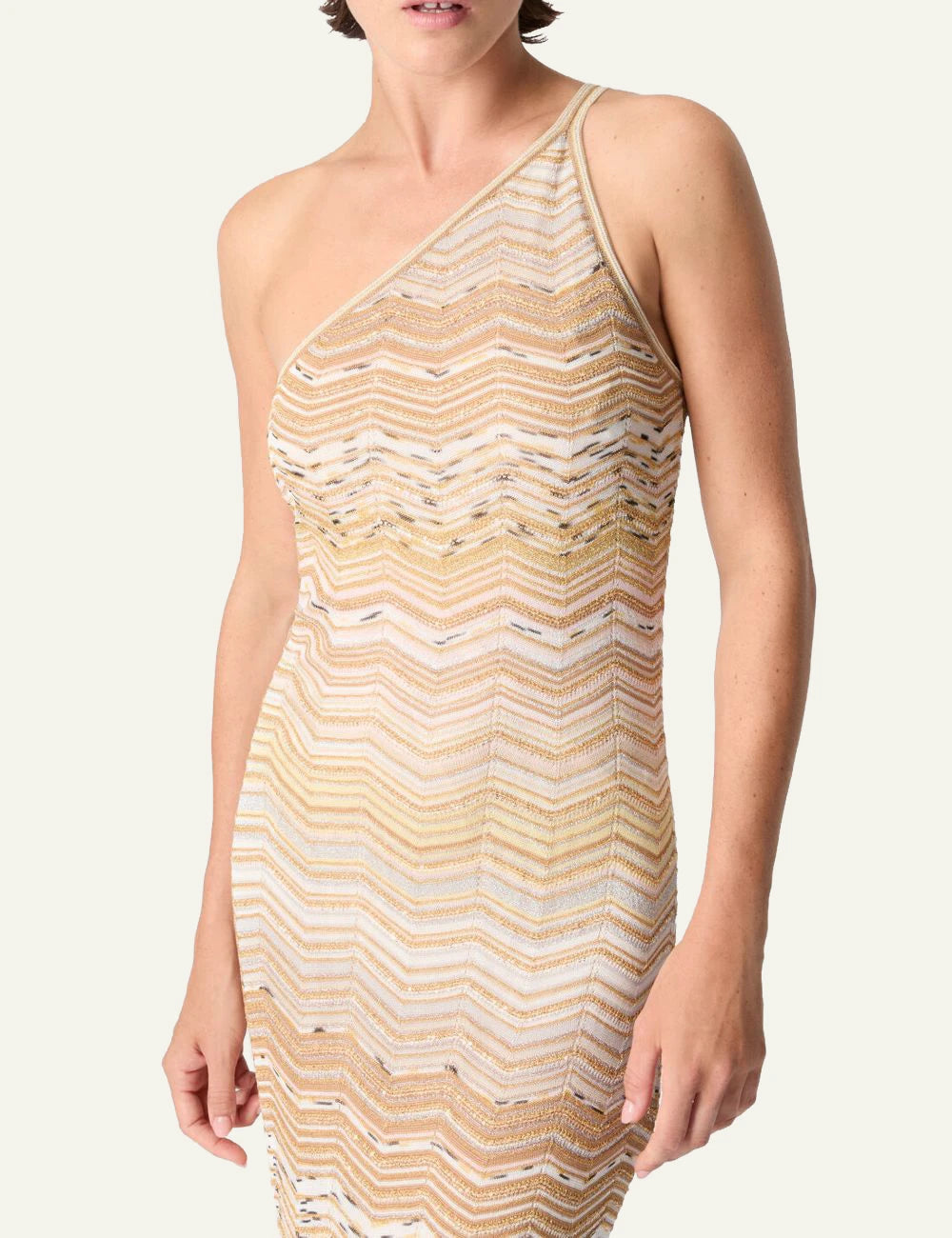 Missoni one shoulder knit maxi dress beige zigzag pattern front model view