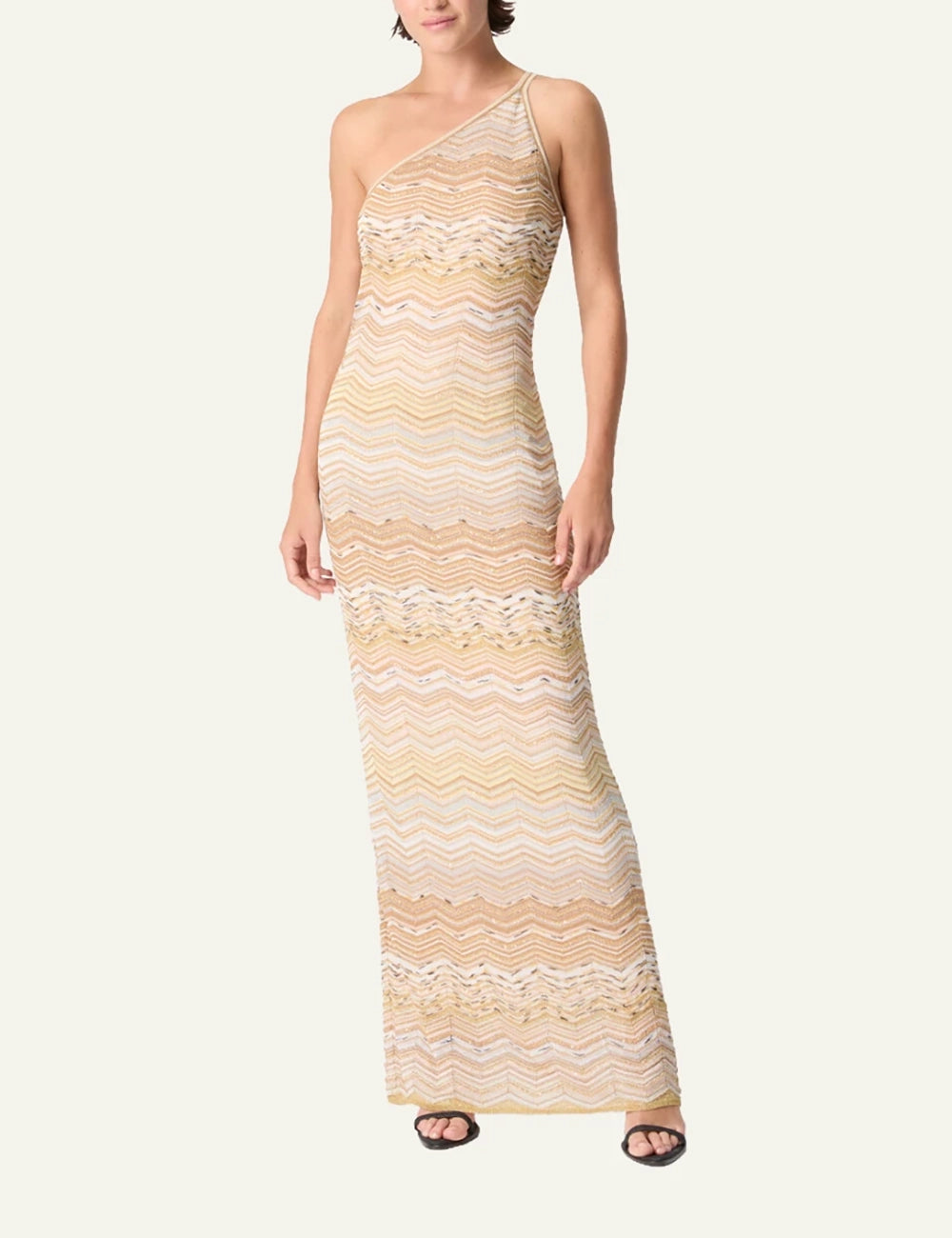 Missoni one shoulder knit maxi dress beige zigzag pattern full body view