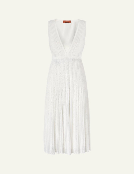 Missoni white rib knit midi dress lamé deep v neck pleated skirt front flat view