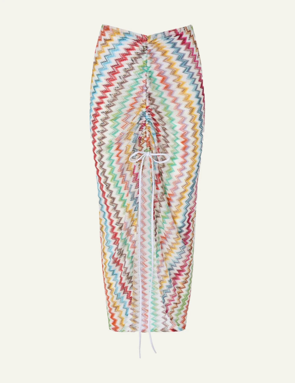 Missoni zigzag ruched skirt multicolor raschel knit front detail tie front flat view
