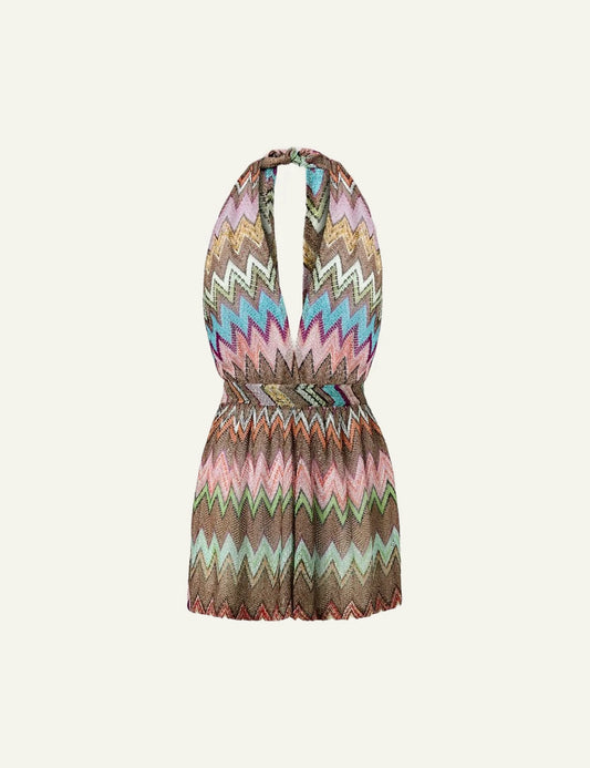 Missoni zigzag short jumpsuit multicolor V neck tie raschel knit front flat view