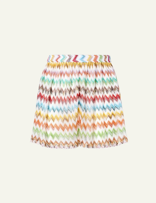 Missoni zigzag shorts multicolor raschel knit elastic waist front flat view