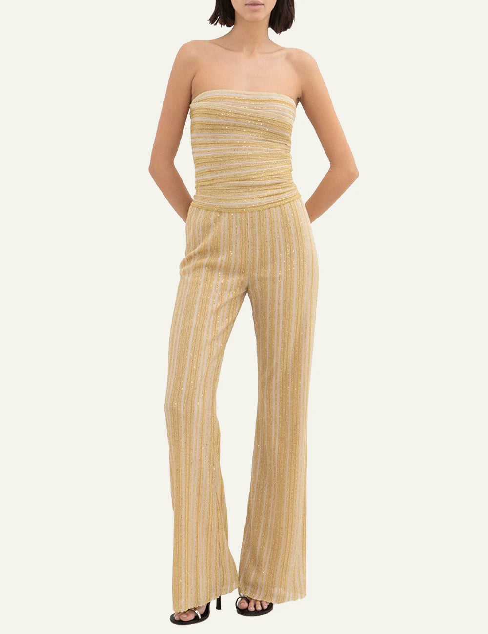 Missoni strapless knit top gold striped pattern full body view