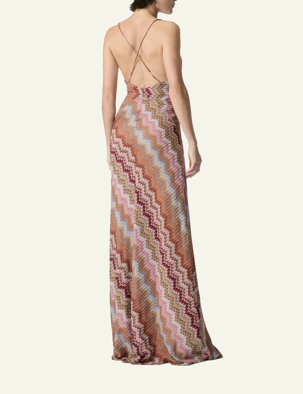 Missoni strappy knit maxi dress multicolor zigzag pattern back model view