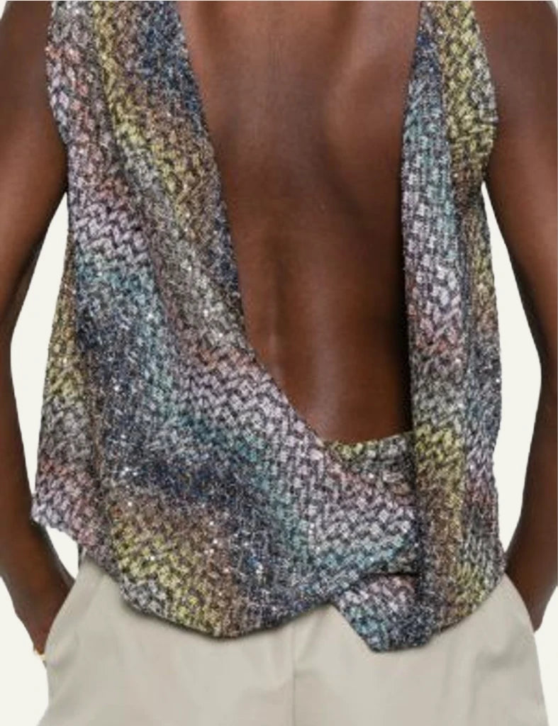 Missoni top multicolor zigzag sequins v neck draped sleeveless back view
