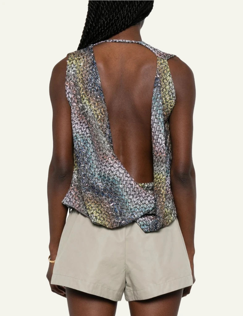 Missoni top multicolor zigzag sequins v neck draped sleeveless back full view