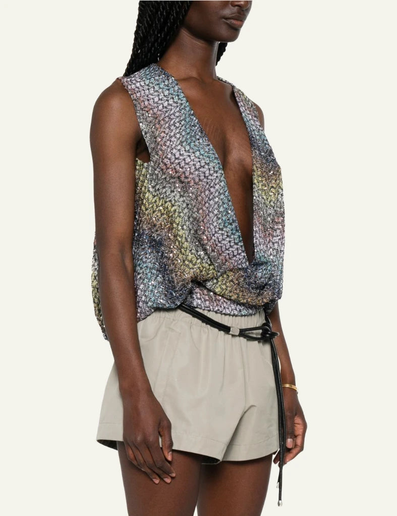 Missoni top multicolor zigzag sequins v neck draped sleeveless side view