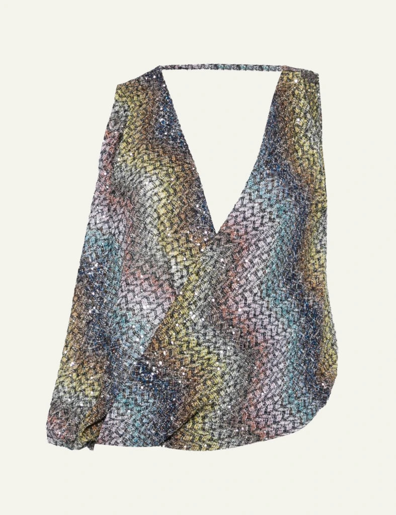 Missoni top multicolor zigzag sequins v neck draped sleeveless front view