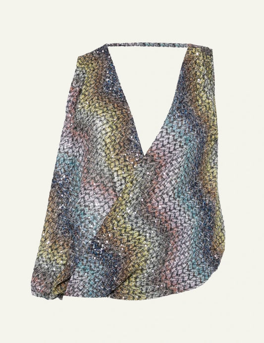 Missoni top multicolor zigzag sequins v neck draped sleeveless front view