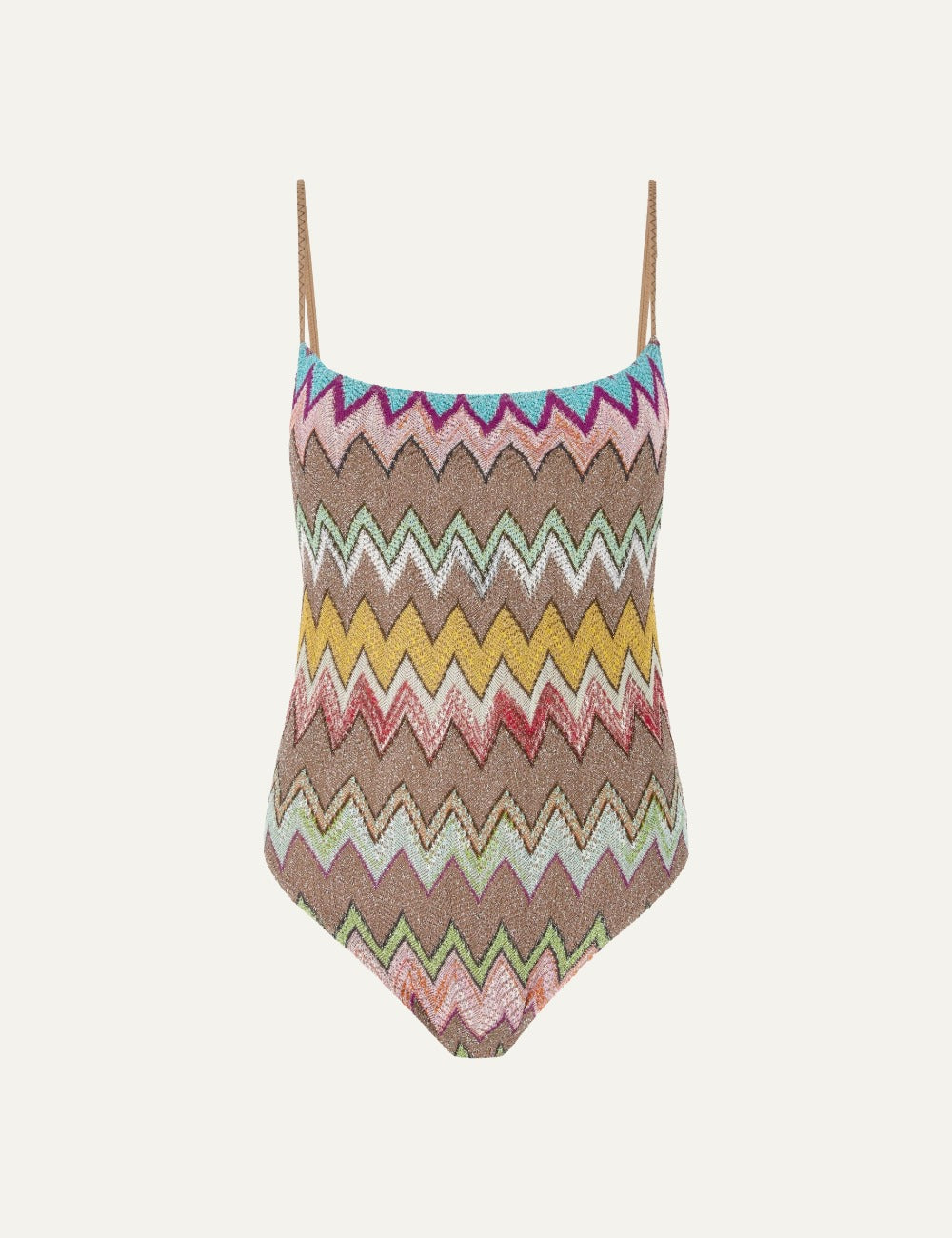 missoni white multicolor chevron one piece swimsuit cross back tie front flat view