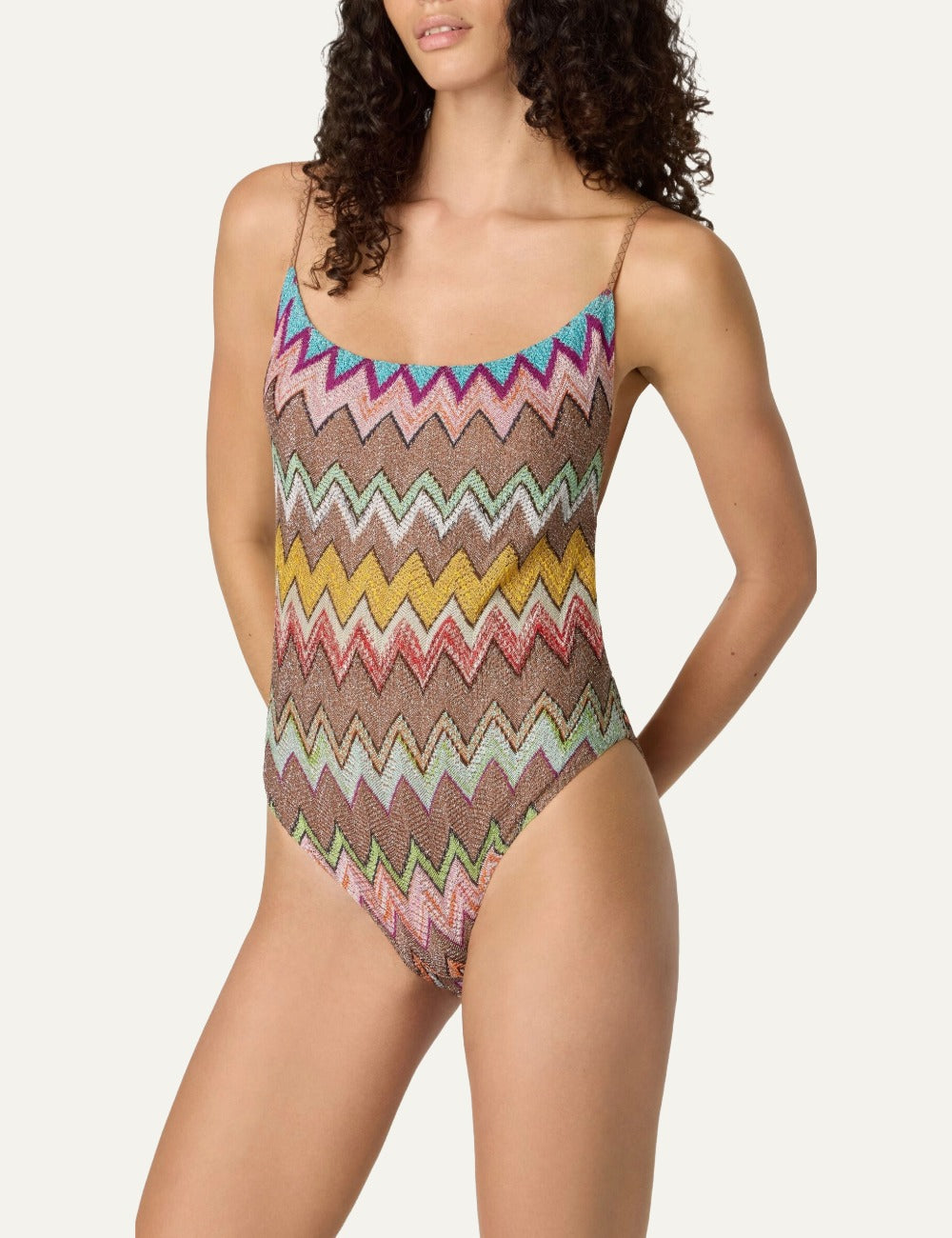 missoni white multicolor chevron one piece swimsuit cross tie front model view