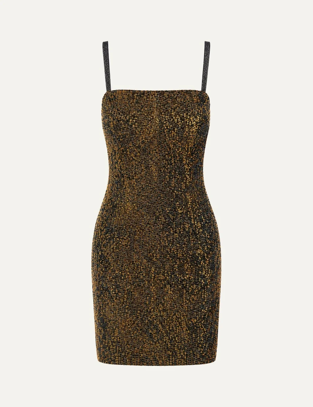 Missoni women's black and gold fitted mini dress with straight neckline, thin embellished straps and all-over gold sequins and beads.