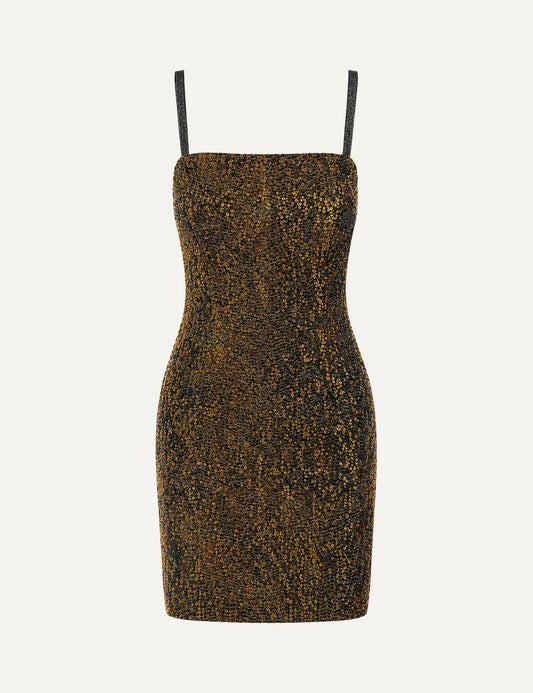 Missoni women's black and gold fitted mini dress with straight neckline, thin embellished straps and all-over gold sequins and beads.