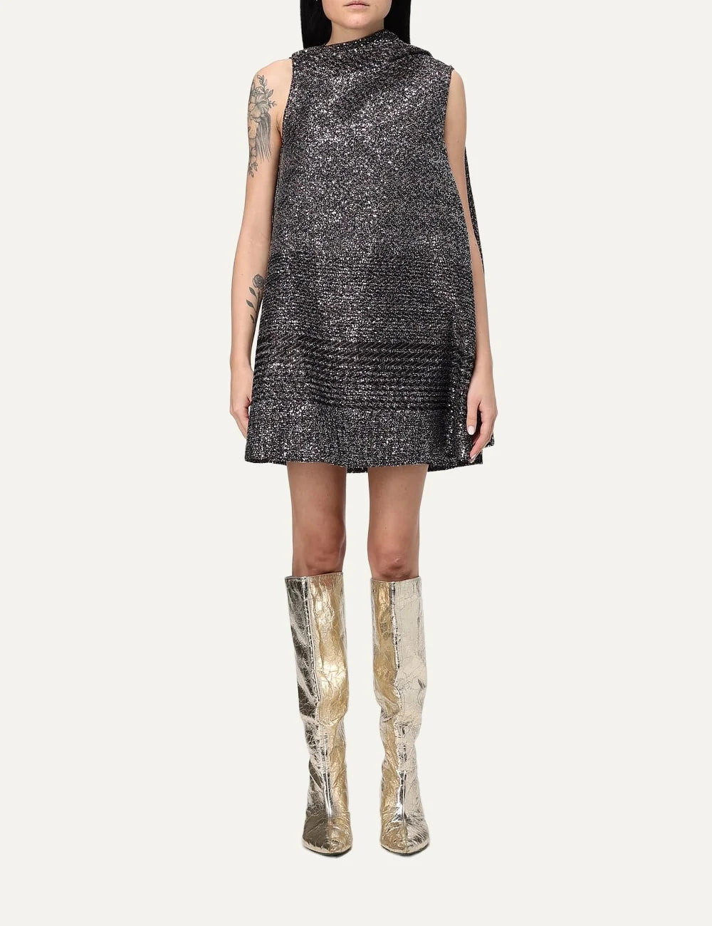 Missoni women's black and silver sequined mini dress with asymmetric neckline, sleeveless design and relaxed flared silhouette.