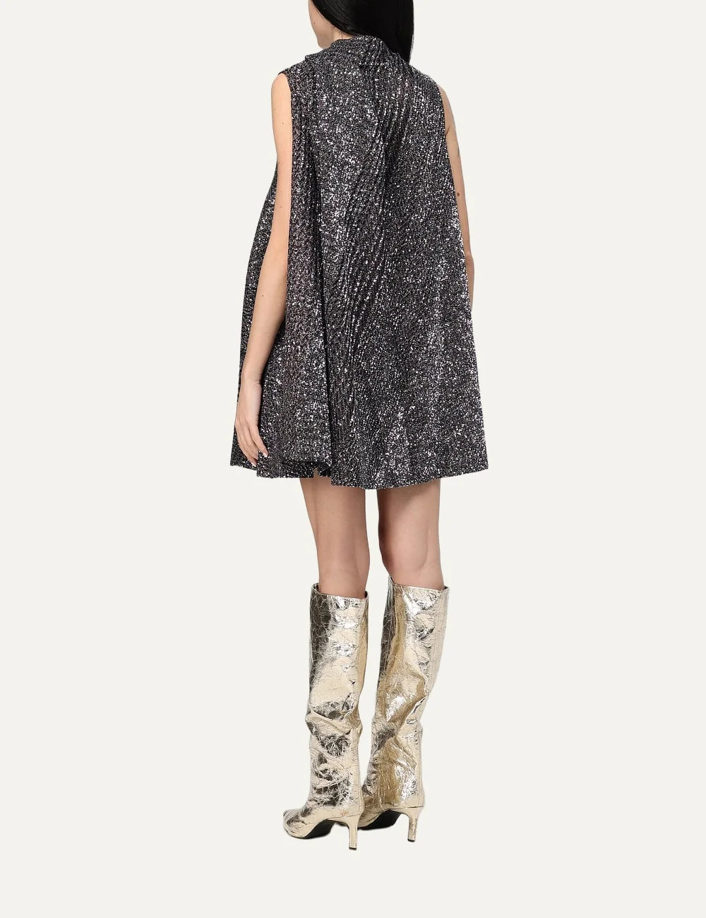 Missoni women's black and silver sequined mini dress with asymmetric neckline, sleeveless design and relaxed flared silhouette back