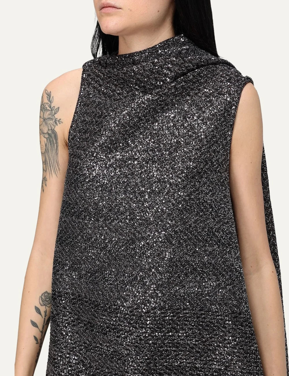 Missoni women's black and silver sequined mini dress with asymmetric neckline, sleeveless design and relaxed flared silhouette model