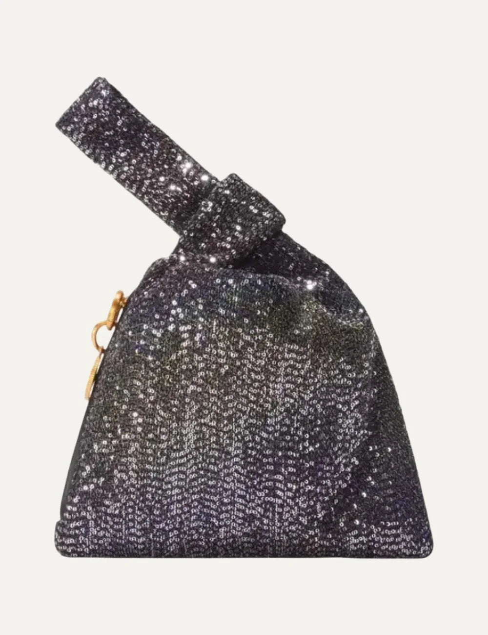 Missoni Caperdoni Knot handbag with dark multicolor sequins, crossed knot handles, gold logo charm and side zipper.