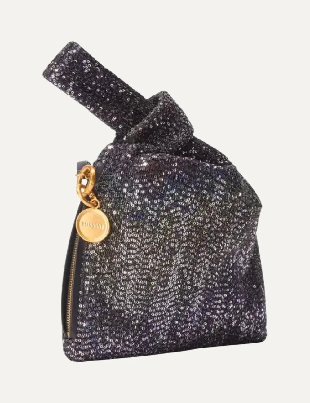 Missoni Caperdoni Knot handbag with dark multicolor sequins, crossed knot handles, gold logo charm and side zipper side