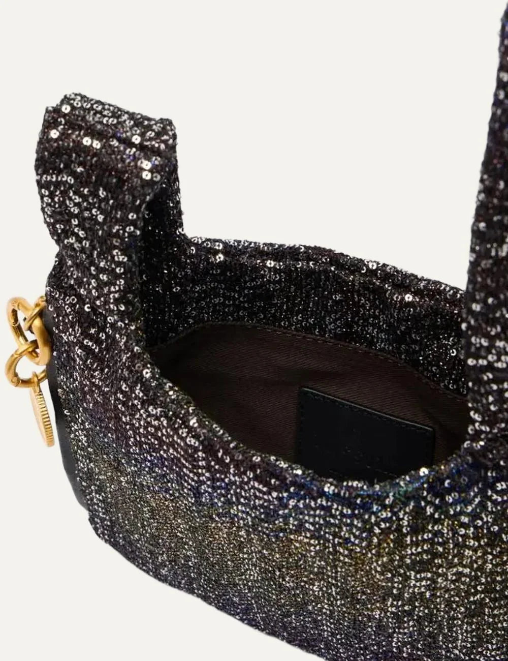 Missoni Caperdoni Knot handbag with dark multicolor sequins, crossed knot handles, gold logo charm and side zipper top