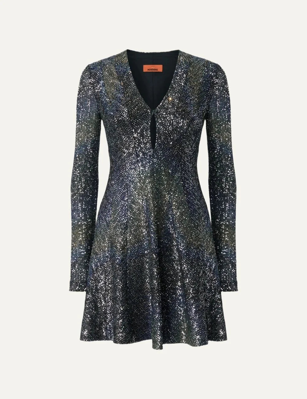 Missoni women's dark multicolor dégradé sequin mini dress with long sleeves, deep V-neckline and flared skirt.