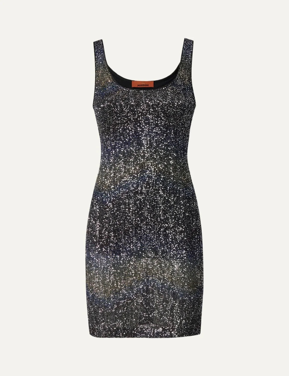 Missoni women's dark multicolor sequin mini dress with scoop neckline, wide straps and shimmering dégradé knit.