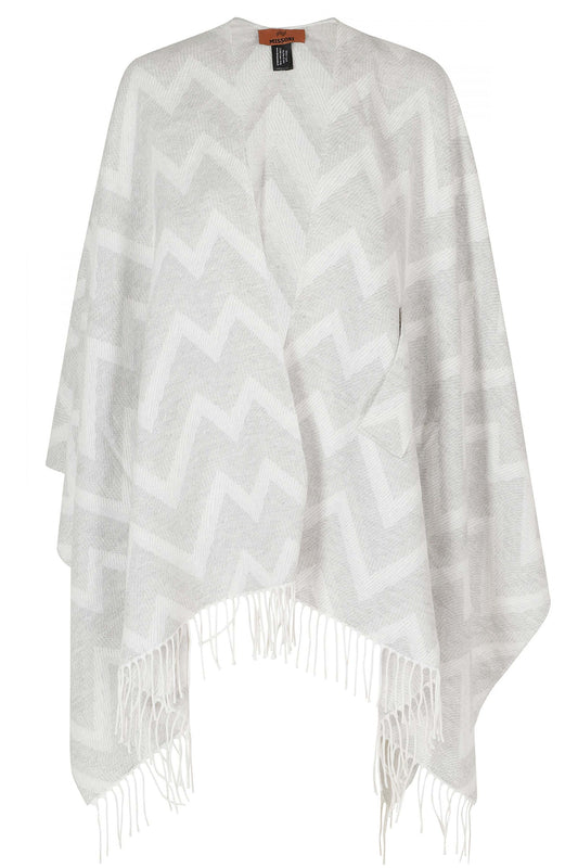 Missoni women's light grey and white zigzag knit cape with an open front, loose draped silhouette and long fringed edges.