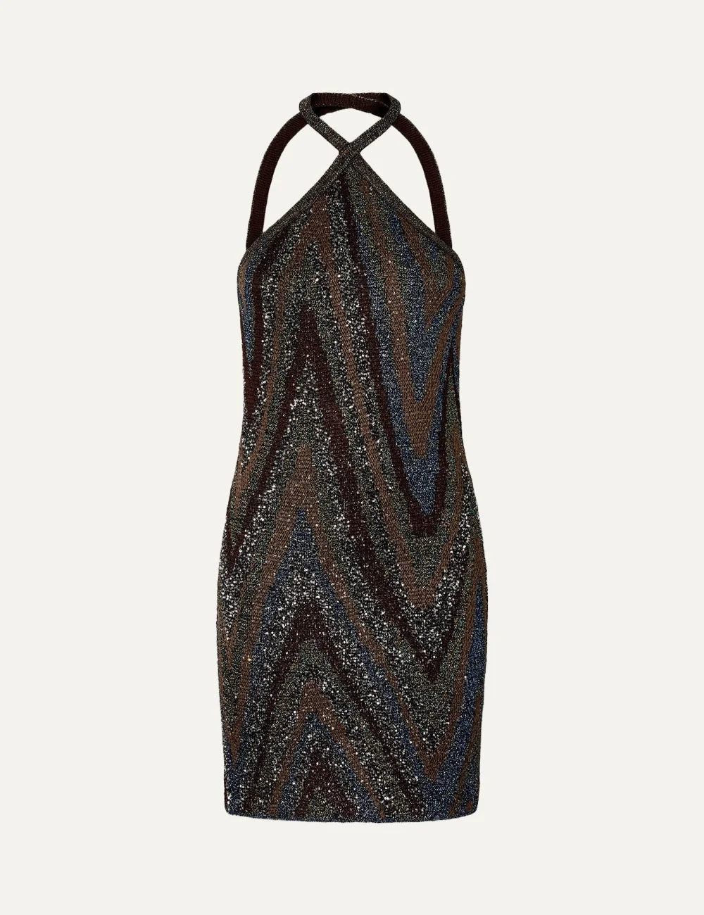 Missoni women's metallic jacquard mini dress with multicolored zigzag pattern, crossed halterneck straps and shimmering brown, blue and silver tones.