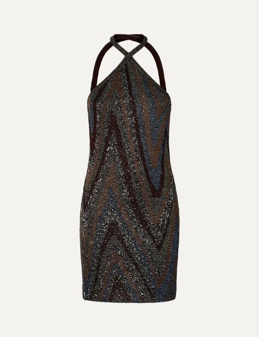 Missoni women's metallic jacquard mini dress with multicolored zigzag pattern, crossed halterneck straps and shimmering brown, blue and silver tones.