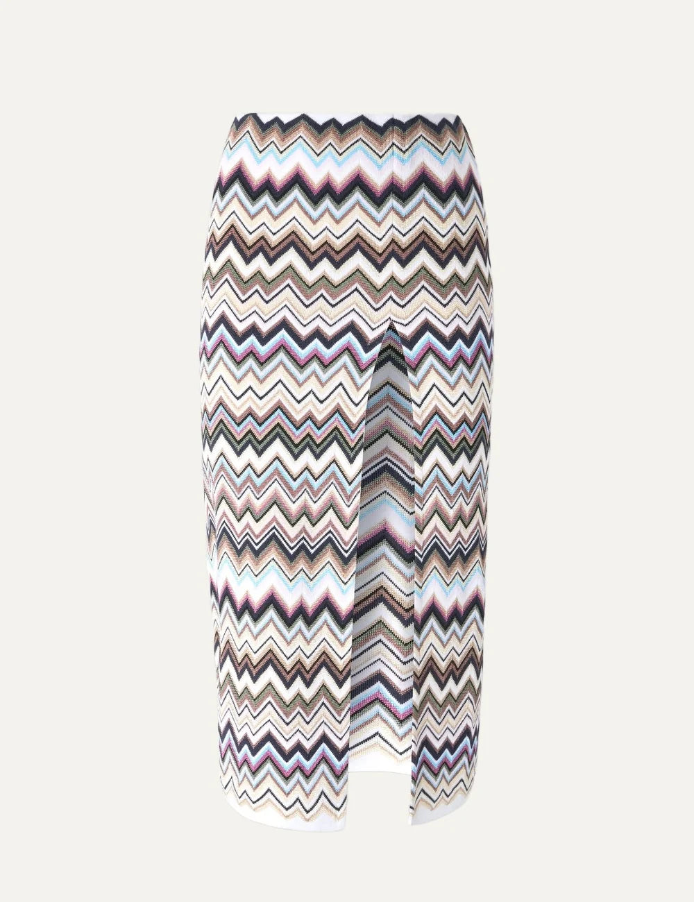 Missoni women's multicolor chevron knit midi skirt with all-over zigzag pattern, straight silhouette and front slit.