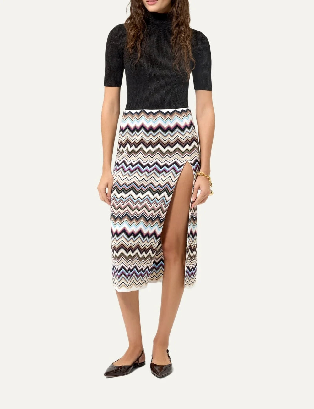 Missoni women's multicolor chevron knit midi skirt with all-over zigzag pattern, straight silhouette and front slit full body