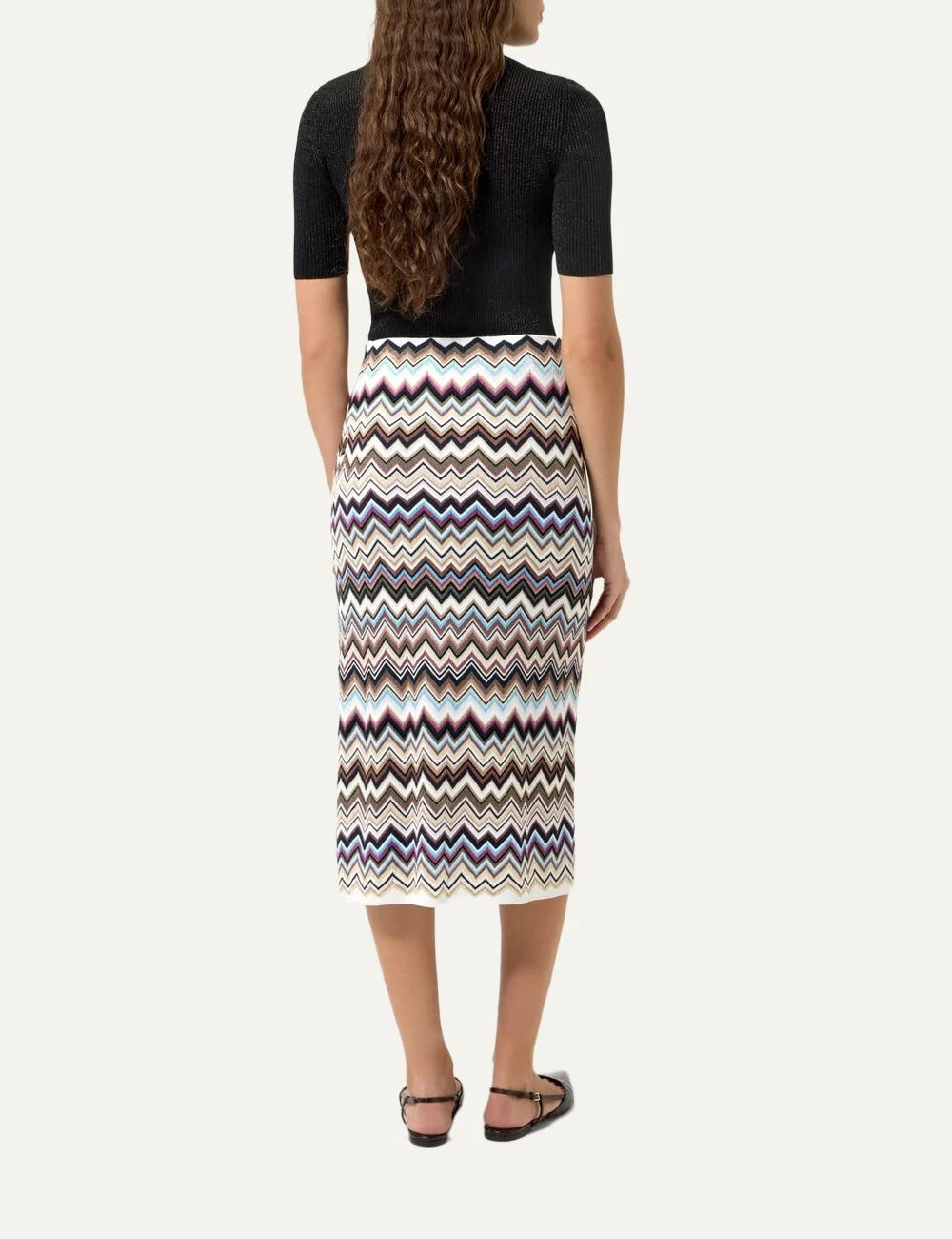 Missoni women's multicolor chevron knit midi skirt with all-over zigzag pattern, straight silhouette and front slit back