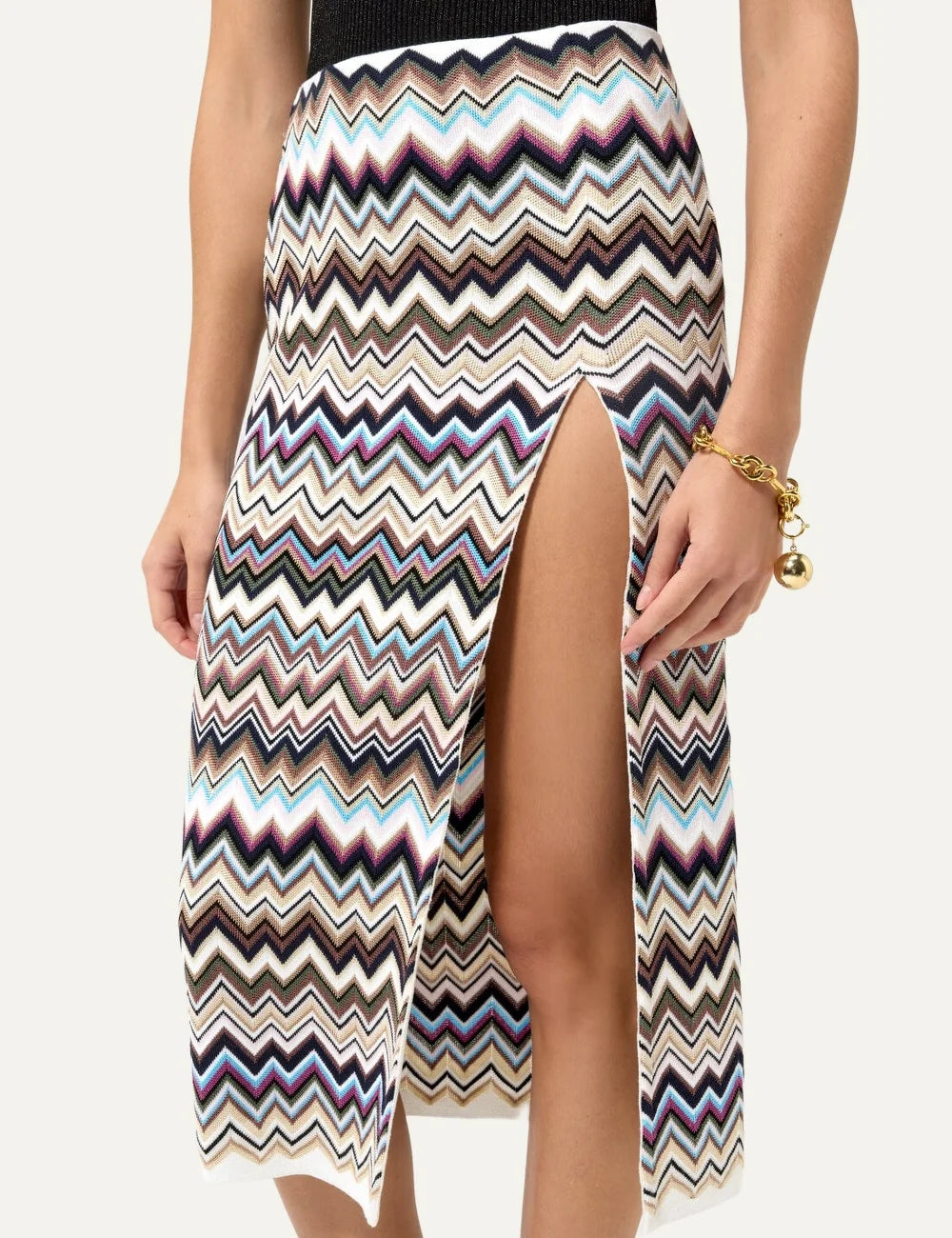 Missoni women's multicolor chevron knit midi skirt with all-over zigzag pattern, straight silhouette and front slit side