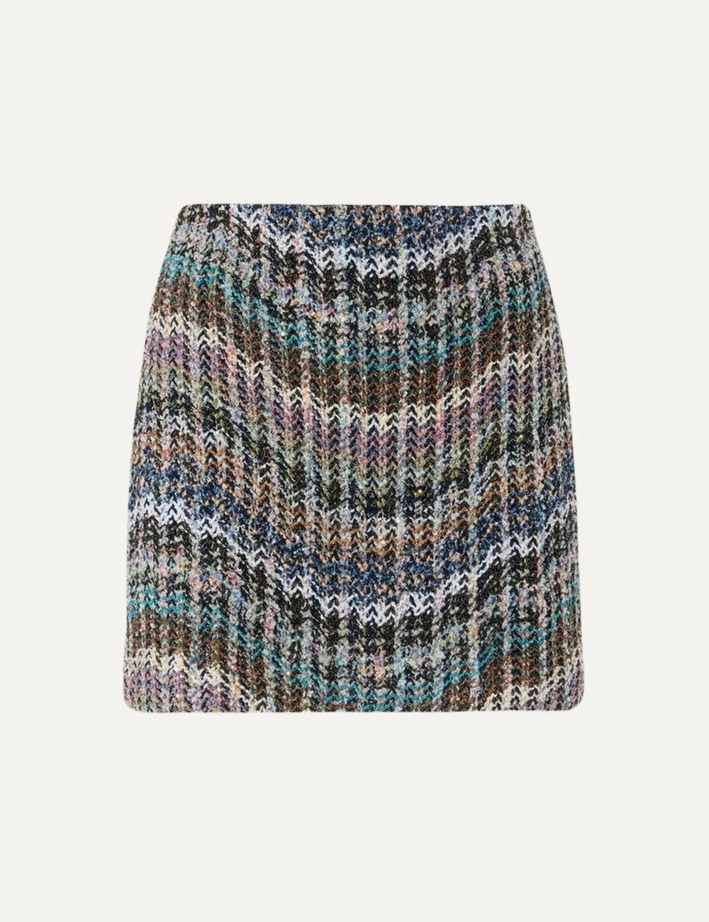 Missoni women's multicolor chevron mini skirt with shimmering sequins and textured knit in blue, turquoise, pink, black and white.