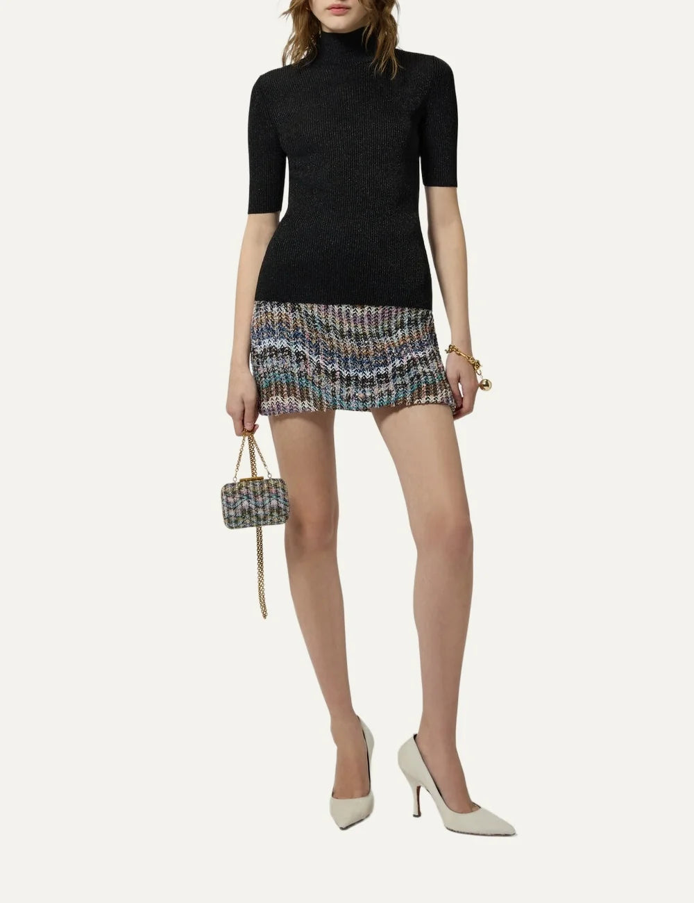 Missoni women's multicolor chevron mini skirt with shimmering sequins and textured knit in blue, turquoise, pink, black and white full body