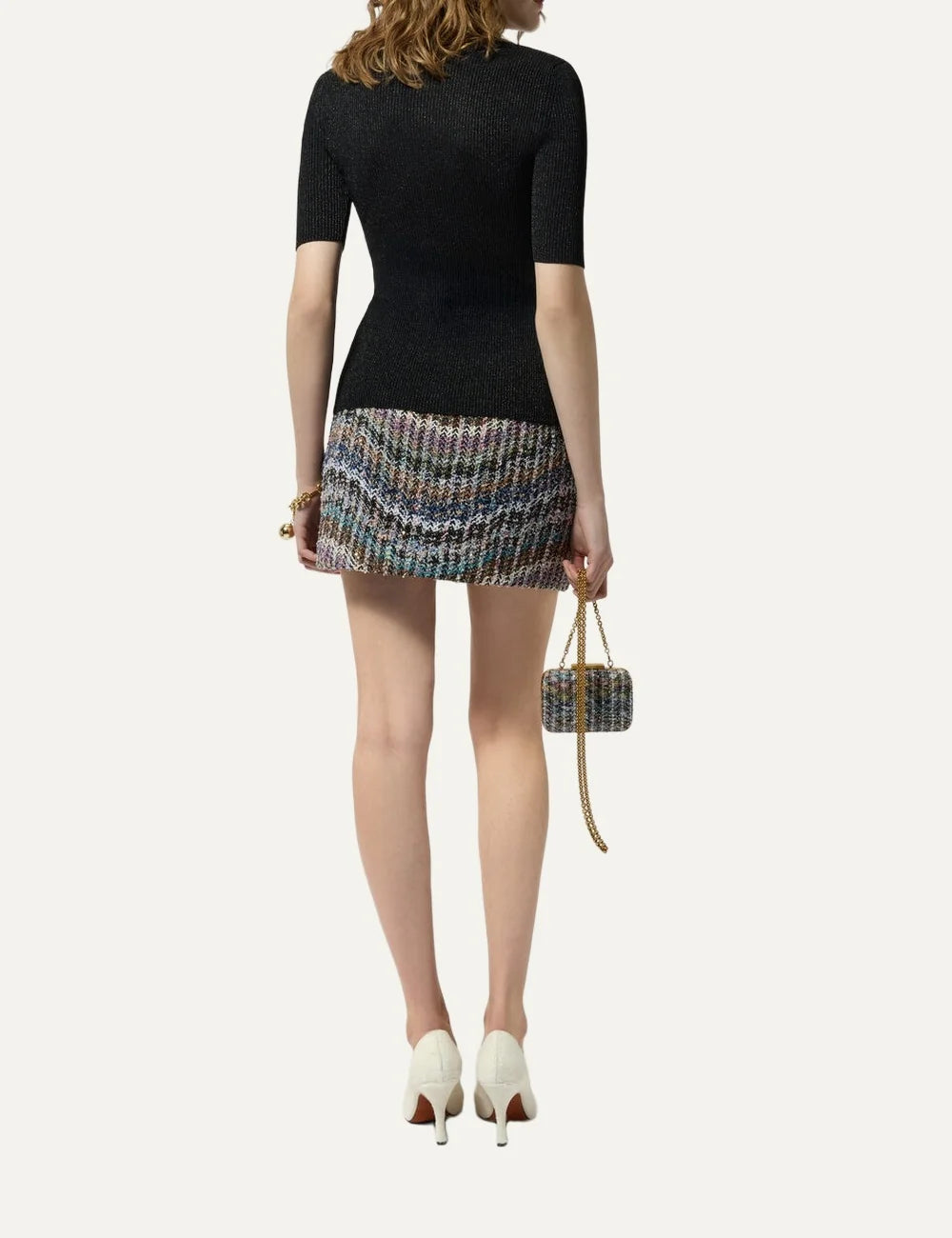 Missoni women's multicolor chevron mini skirt with shimmering sequins and textured knit in blue, turquoise, pink, black and white back